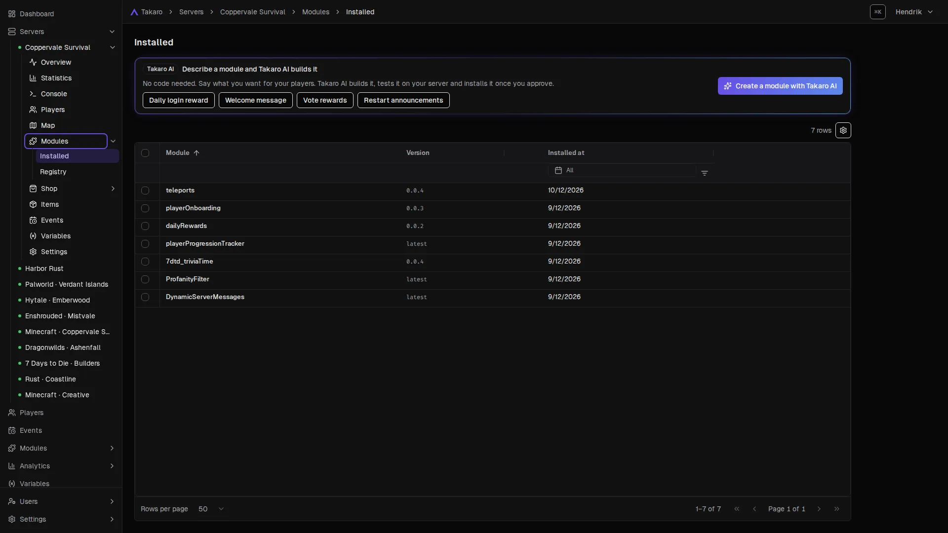 The modules installed on a server, such as teleports, playerOnboarding and dailyRewards, with a Takaro AI banner above