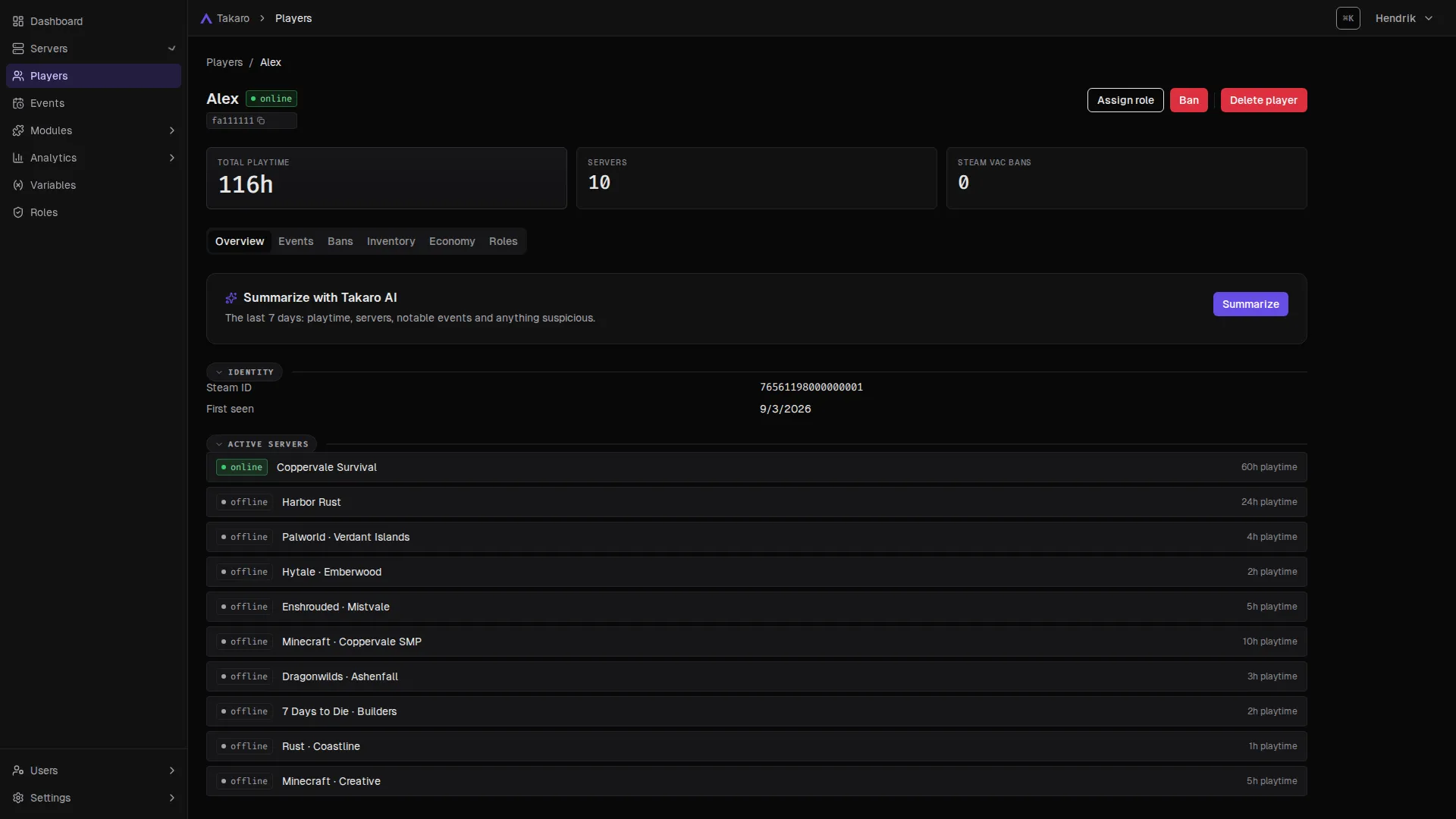 Alex's player profile: total playtime, servers, Steam ID and a list of active servers across different games