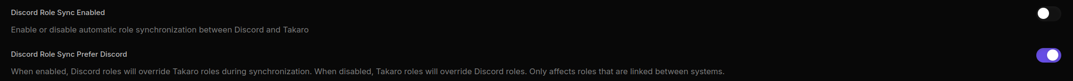 Takaro game server settings showing Discord Role Sync Enabled and Discord Role Sync Prefer Discord toggles
