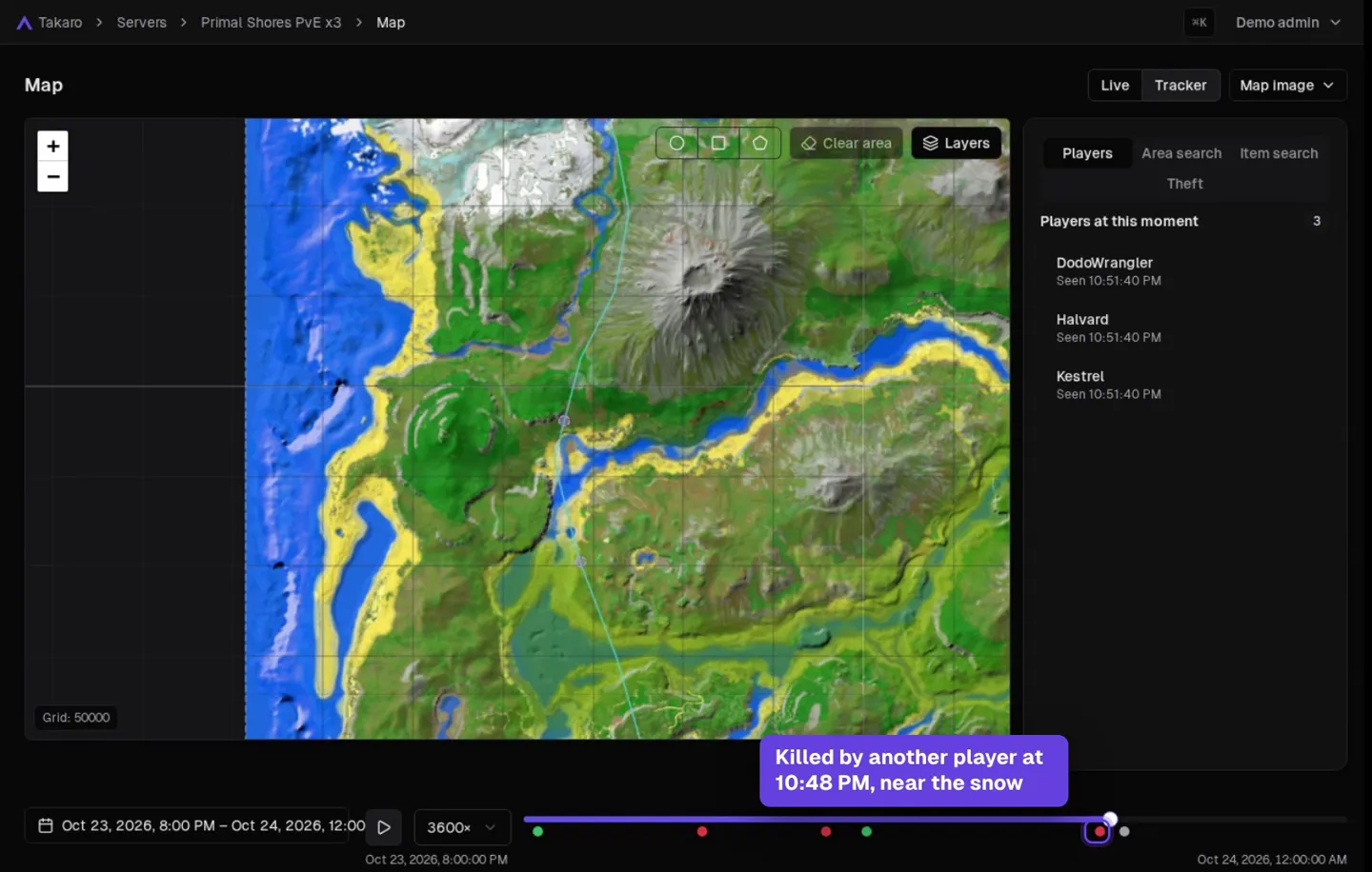 Takaro Tracker on an ARK: Survival Evolved server: three players at this moment on The Island, and a player killed by another player at 10:48 PM near the snow, marked on the timeline.