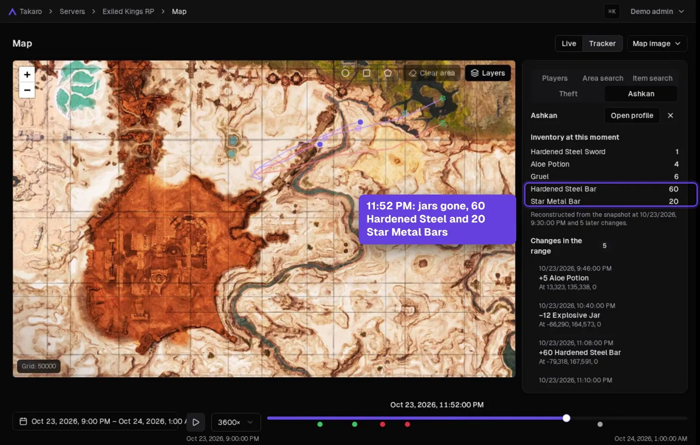 Takaro Tracker on a Conan Exiles server: a player's trail across the Exiled Lands and their inventory at 11:52 PM with Hardened Steel Bars and Star Metal Bars.