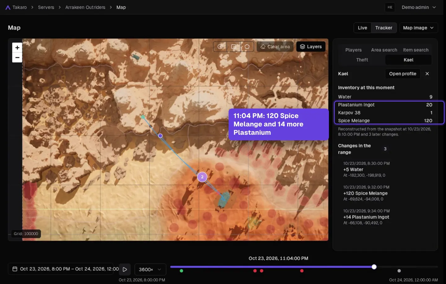 Takaro Tracker on a Dune: Awakening server: a player's trail across the Hagga Basin and their inventory at 11:04 PM with 120 Spice Melange and 14 Plastanium.