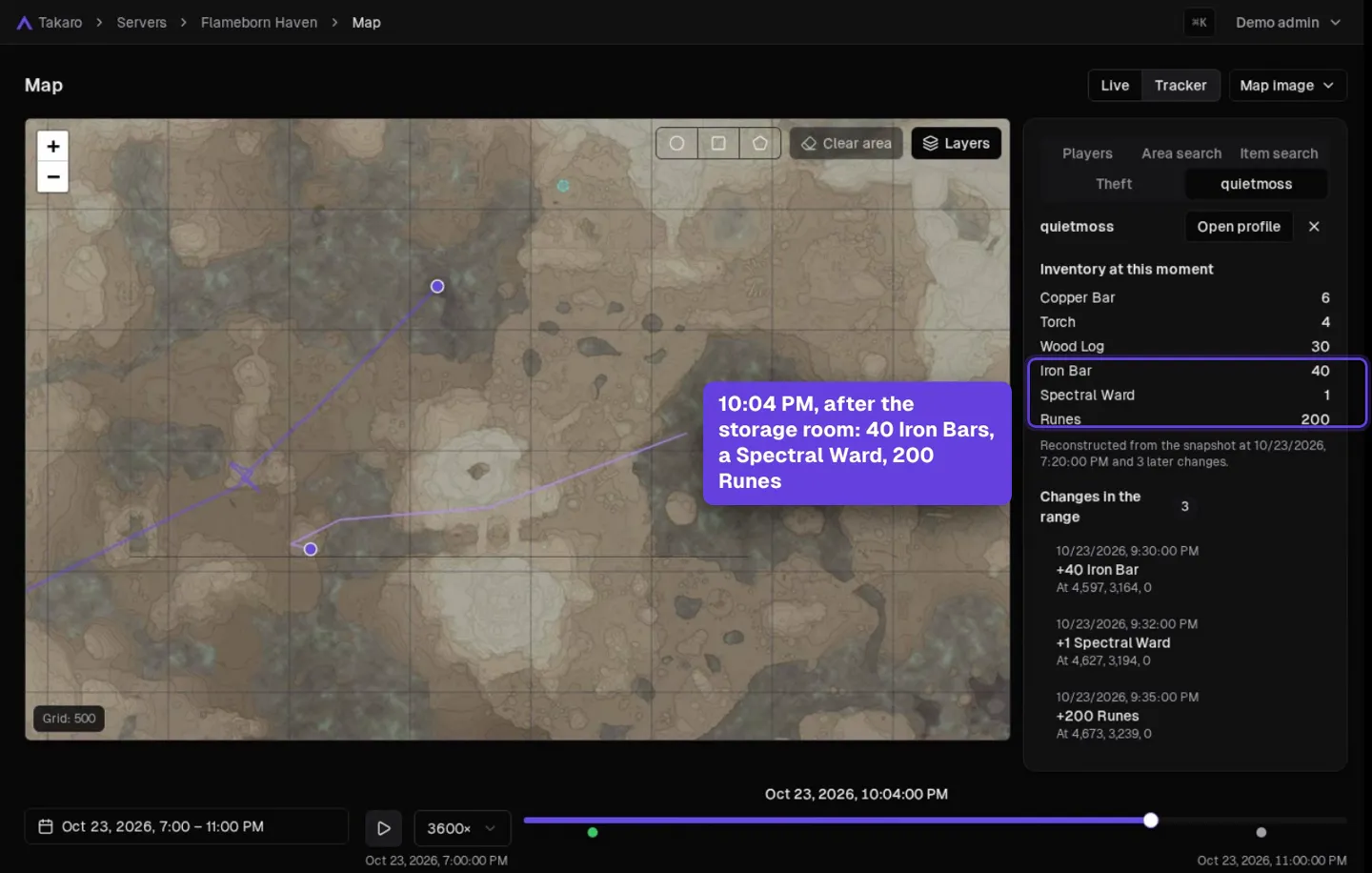 Takaro Tracker on an Enshrouded server: a player's trail after the storage room and their inventory at 10:04 PM with 40 Iron Bars, a Spectral Ward and 200 Runes.