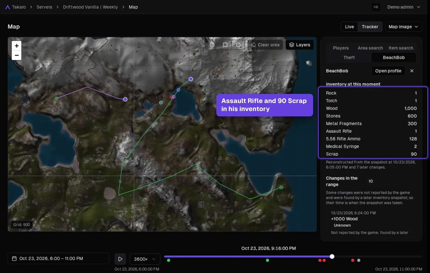 Takaro Tracker replaying one player's evening on a Rust map: the trail, kills and a death on the timeline, and the inventory at that moment with an Assault Rifle and 90 Scrap.