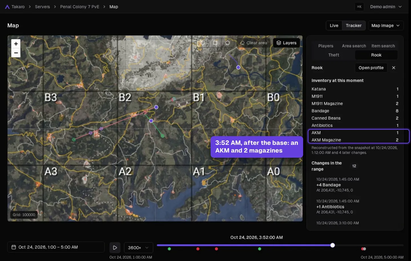 Takaro Tracker on a SCUM server: a player's trail across the island's sectors and their inventory at 3:52 AM, after a base, with an AKM and two magazines.