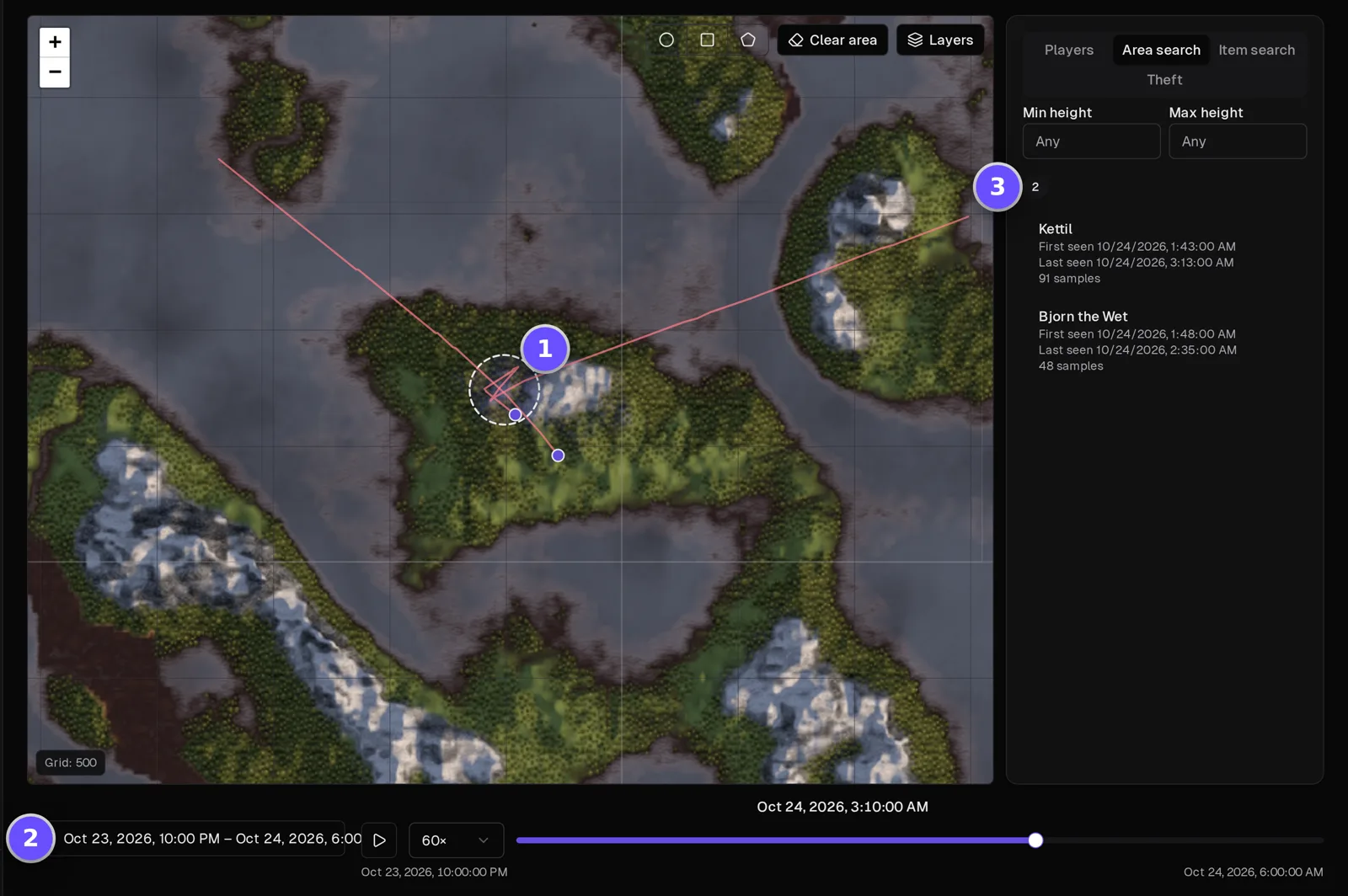 Takaro Tracker on a Valheim server: a circle drawn around a longhouse, the night's time range, and two players seen inside it with their first and last times.
