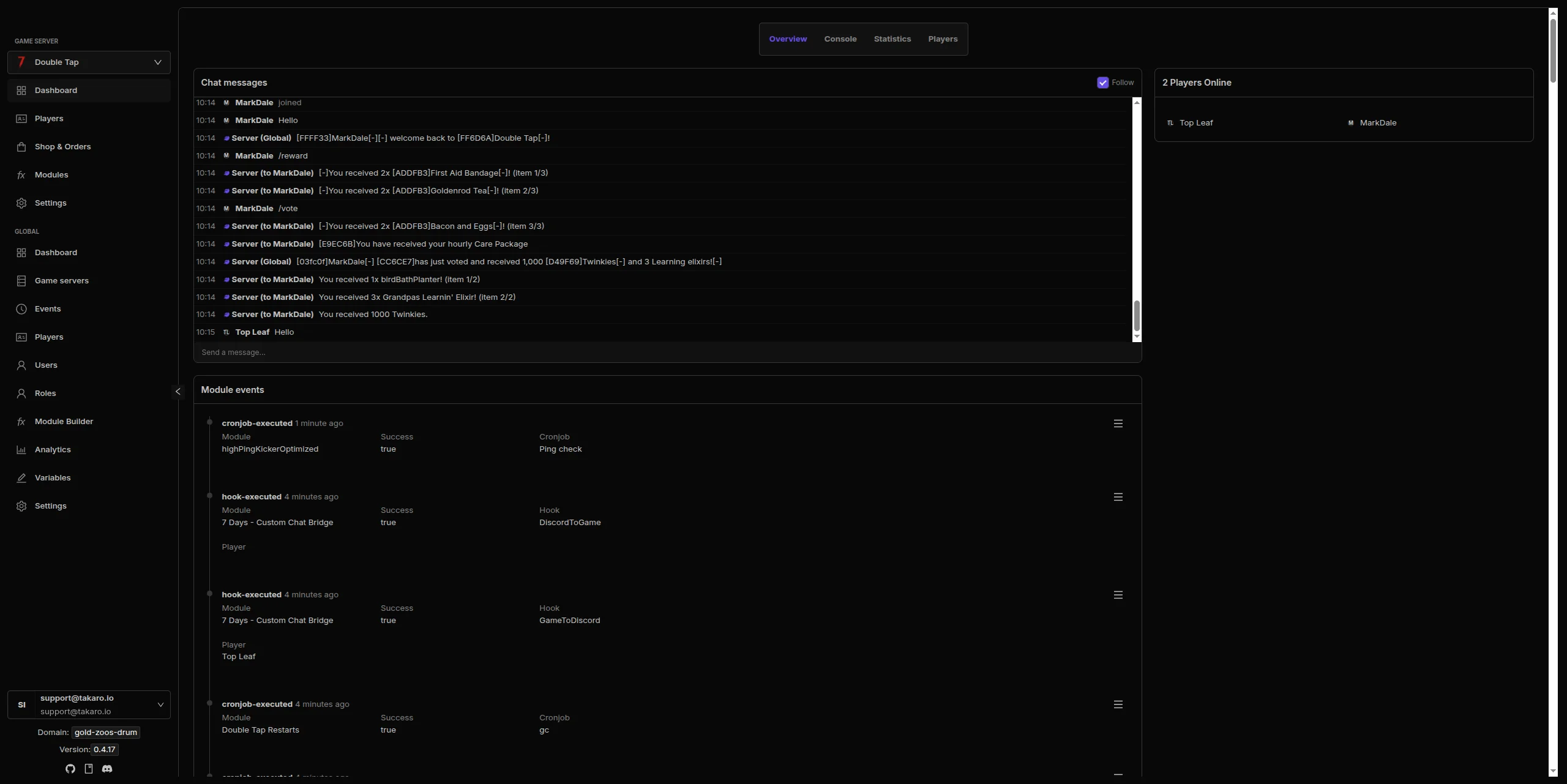 Takaro game server dashboard showing live chat, players online, and module events