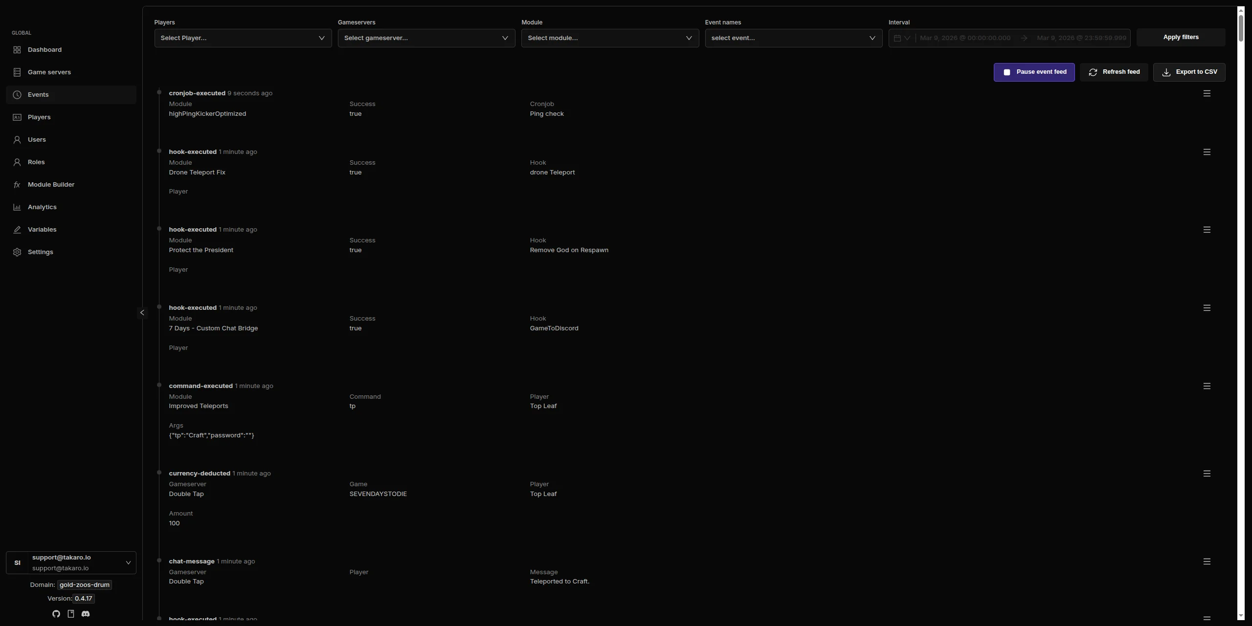 Takaro events feed showing real-time server events, player actions, and module triggers