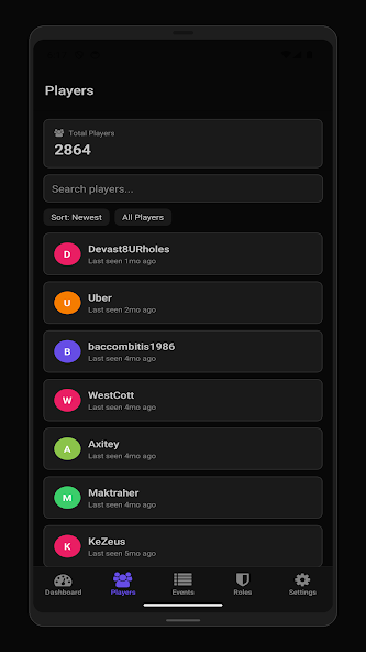Takaro mobile app player list showing online players across game servers