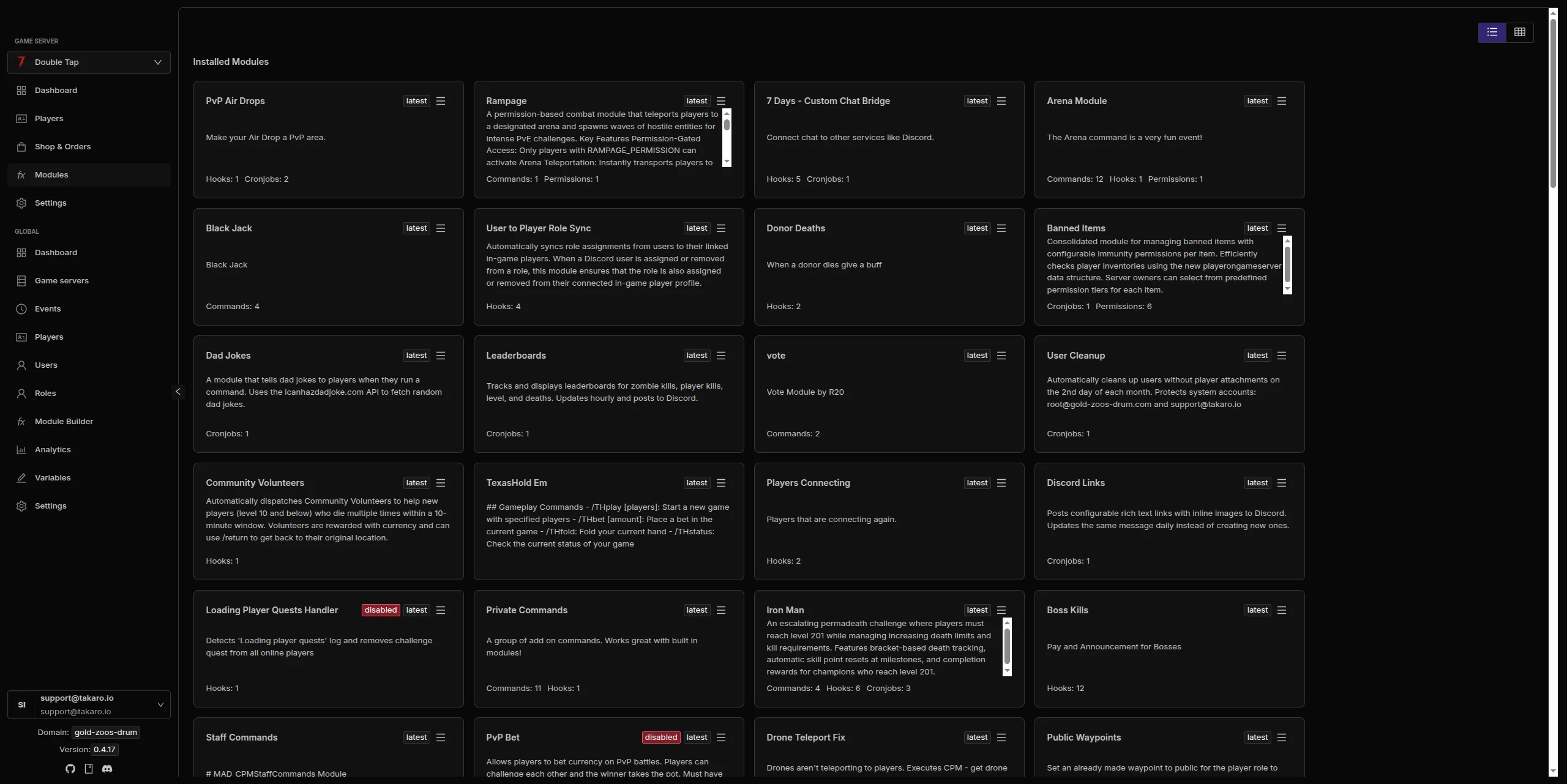 Takaro installed modules showing economy, teleport, and event modules for 7D2D