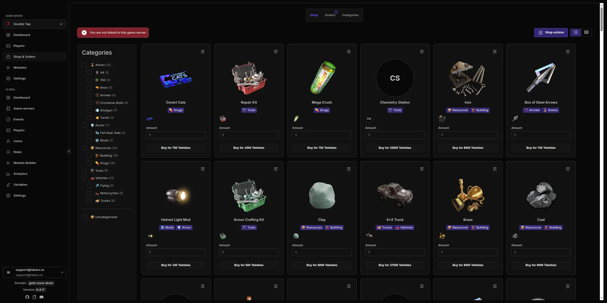 Takaro shop economy dashboard showing item listings, prices, and revenue analytics