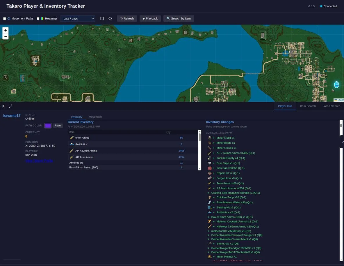 Takaro inventory tracking view showing current inventory and inventory change history