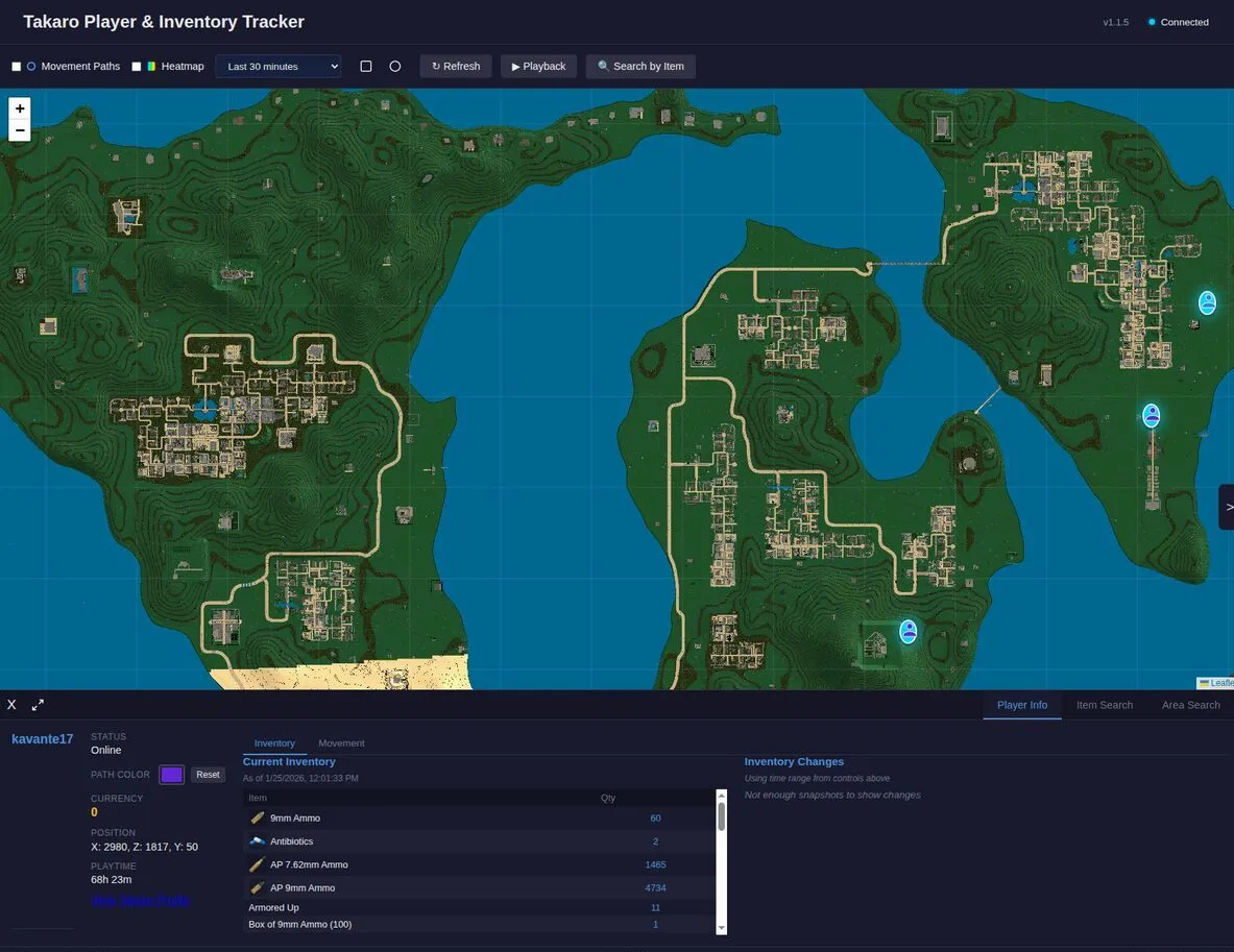Takaro inventory view showing an Enshrouded player's backpack contents
