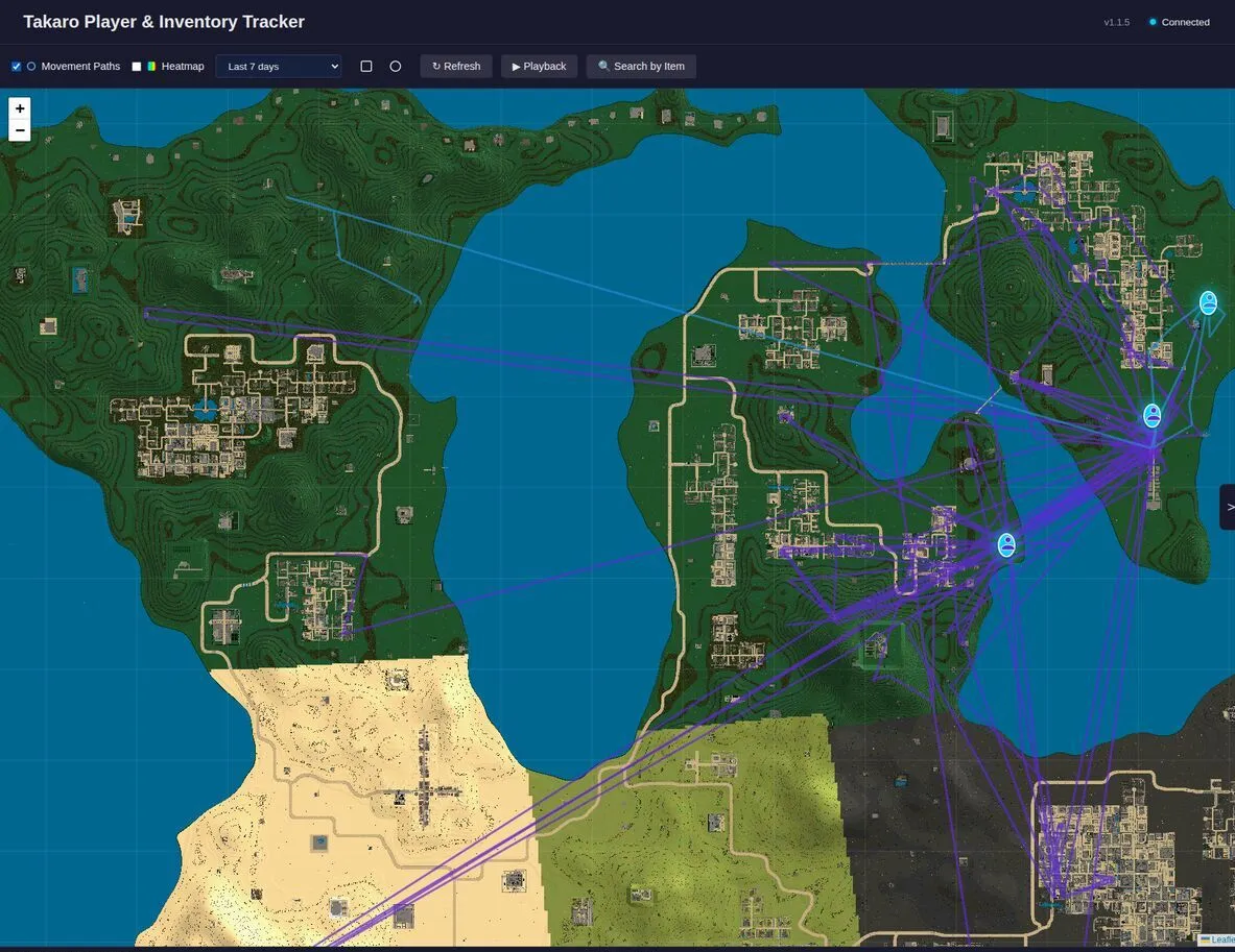 Takaro movement path playback showing a VEIN player's route across the map